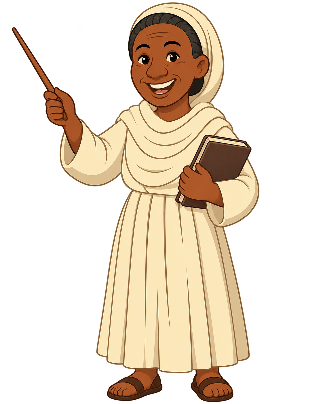 Weynilo mascot, a smiling teacher holding a pointer and a book